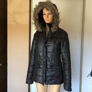 Black puffer jacket with faux fur hoodie. Size XS